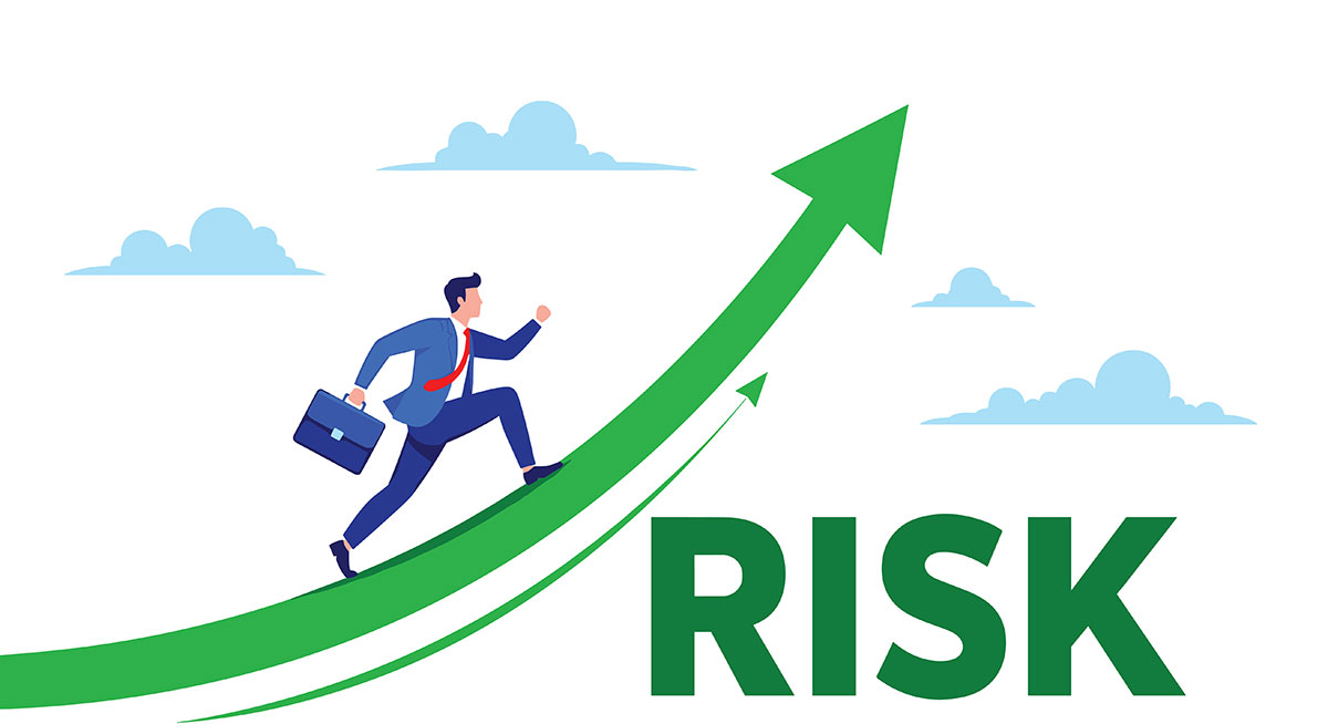 business man running up arrow with risk